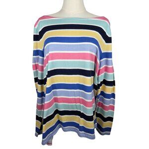 Talbots Plus Womens 1X Striped Top Long Sleeve Top 100% Cotton Multicolor Pastel